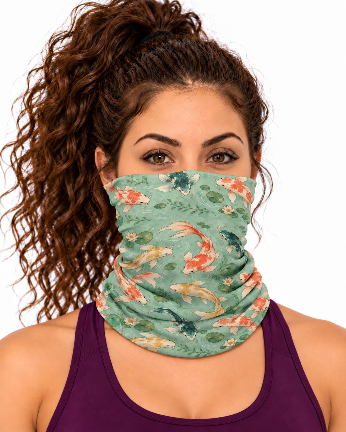 AI generated model wearing the koi pond neck gaiter as a bandana, front view