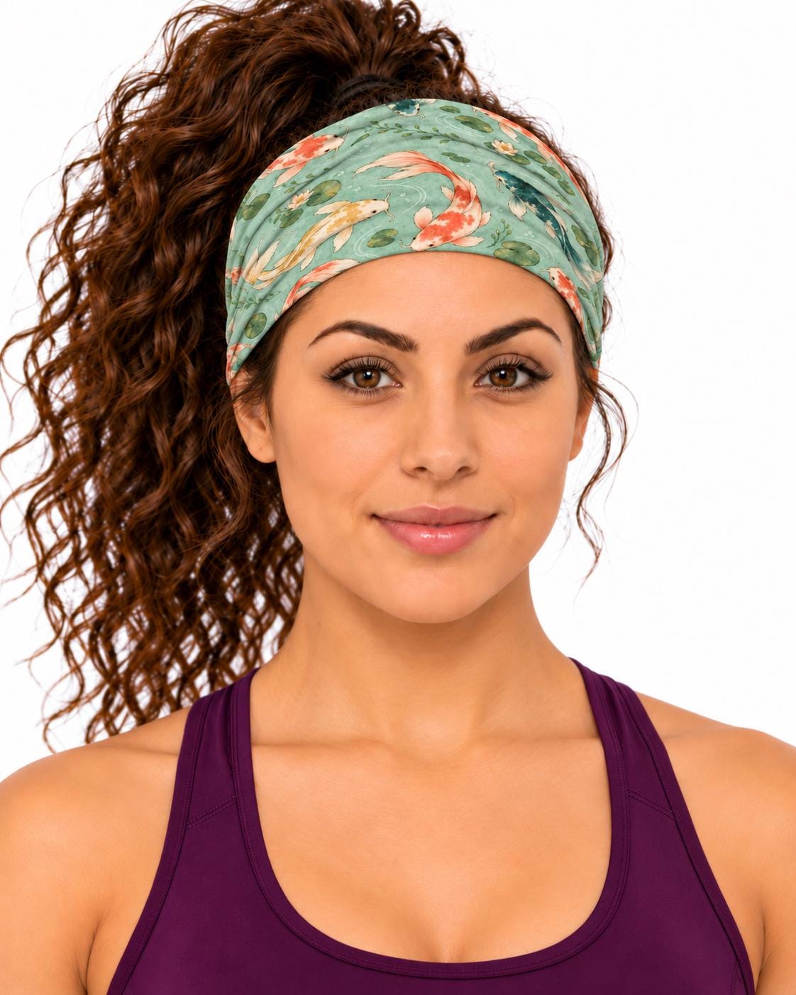 AI generated model wearing the koi pond neck gaiter as a headband, front view