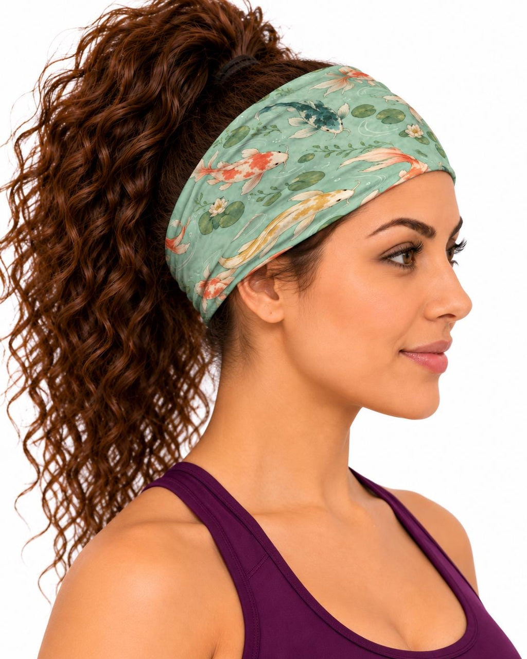 AI generated model wearing the koi pond neck gaiter as a headband, side view