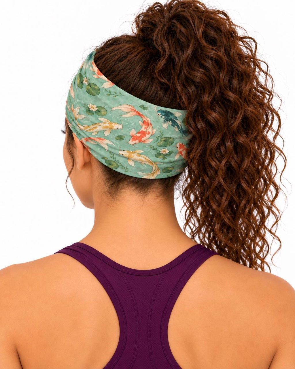 AI generated model wearing the koi pond neck gaiter as a headband, back view