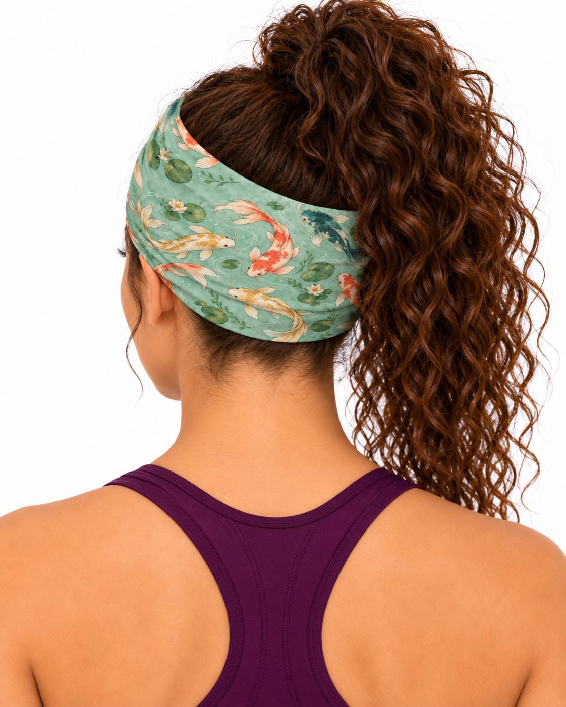 AI generated model wearing the koi pond neck gaiter as a headband, back view