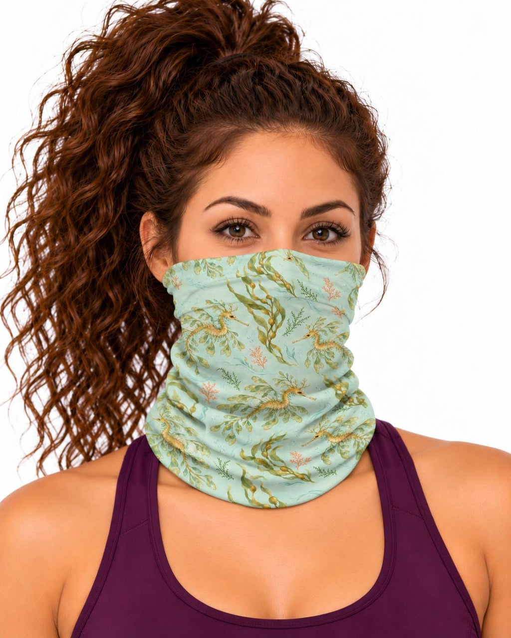 AI generated model wearing the leafy sea dragon neck gaiter as a bandana