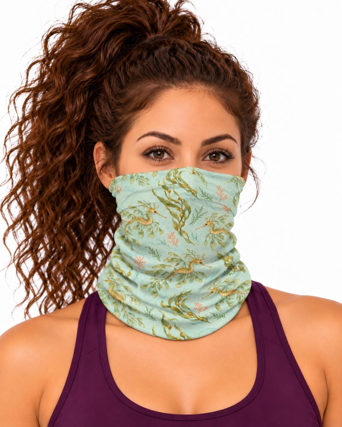 AI generated model wearing the leafy sea dragon neck gaiter as a bandana
