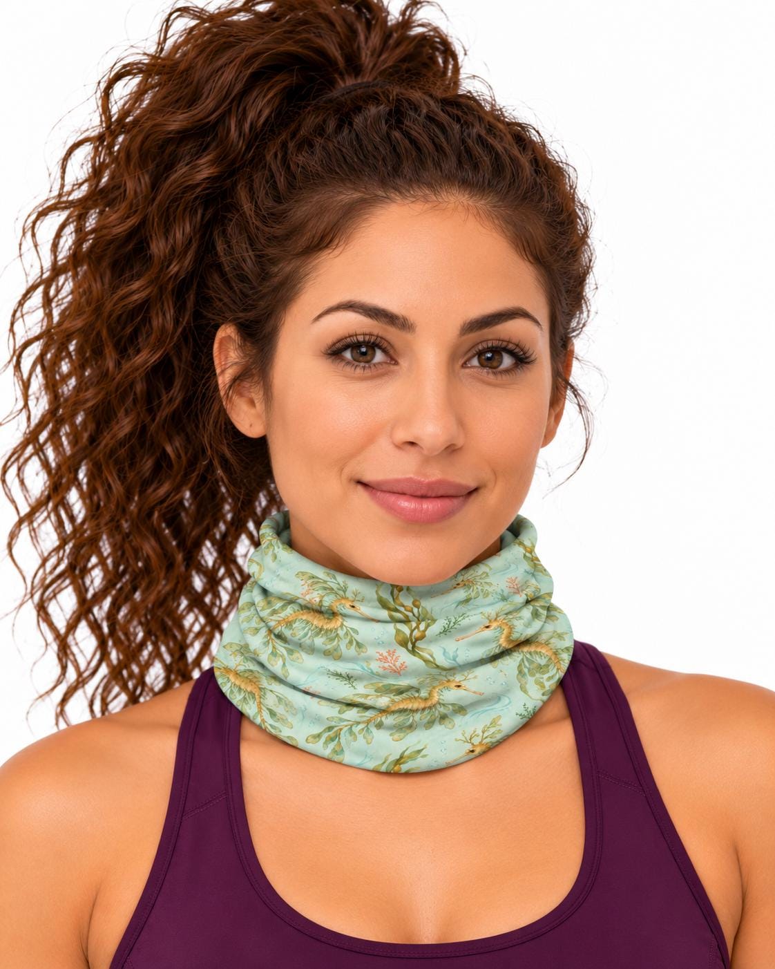 AI generated model wearing the leafy sea dragon neck gaiter pulled up around the neck