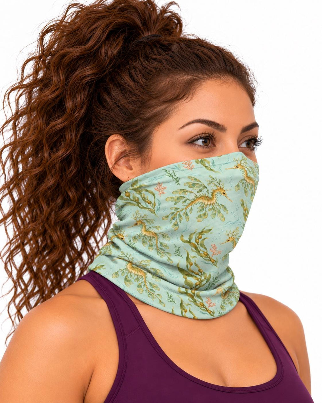 AI generated model wearing the leafy sea dragon neck gaiter as a bandana, front view