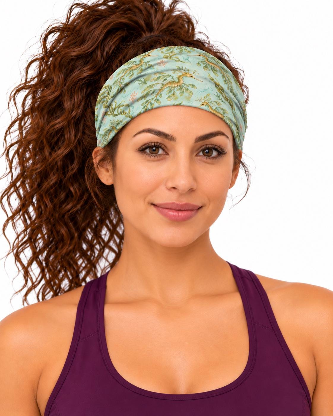 AI generated model wearing the leafy sea dragon neck gaiter as a headband, front view
