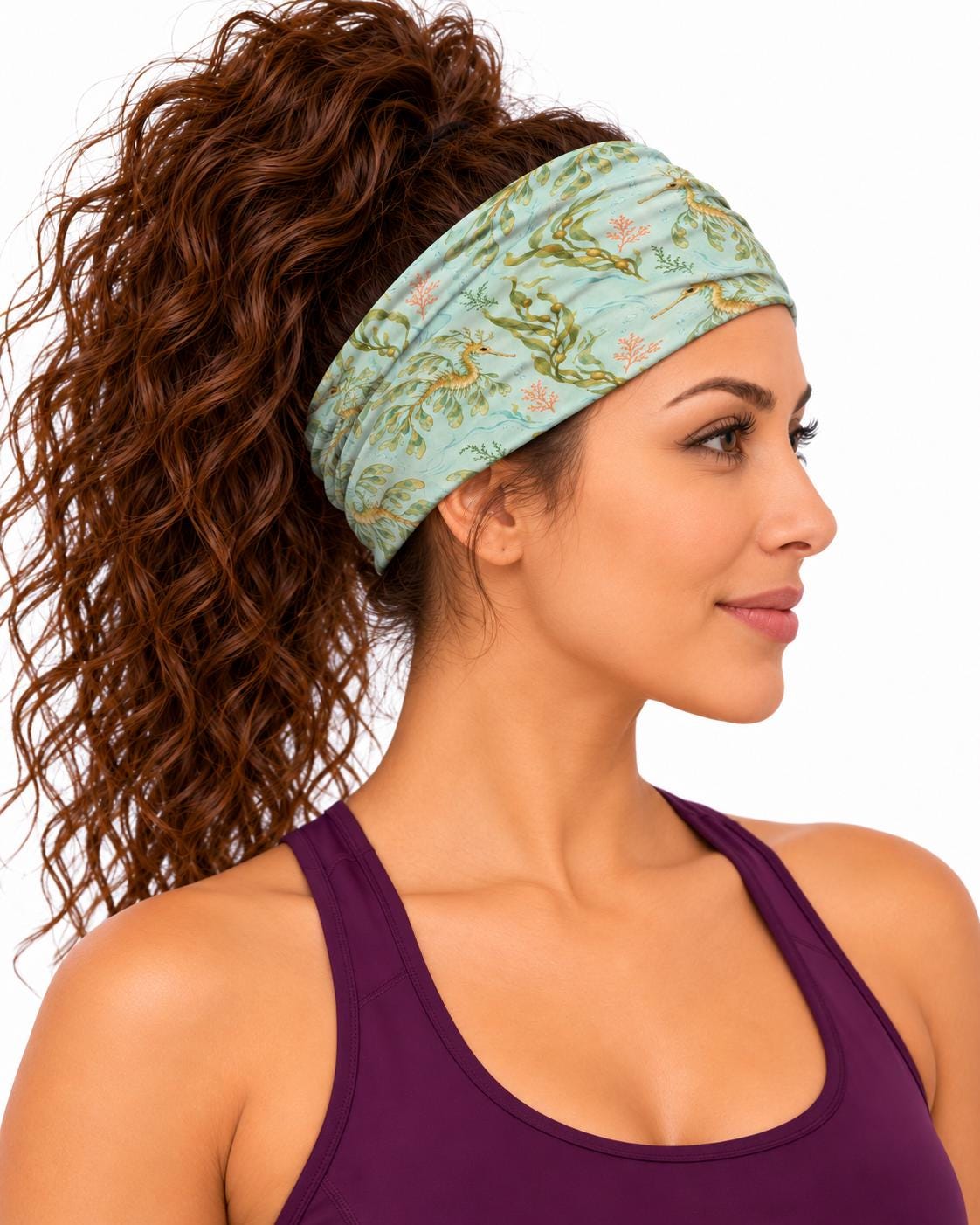 AI generated model wearing the leafy sea dragon neck gaiter as a headband, side view