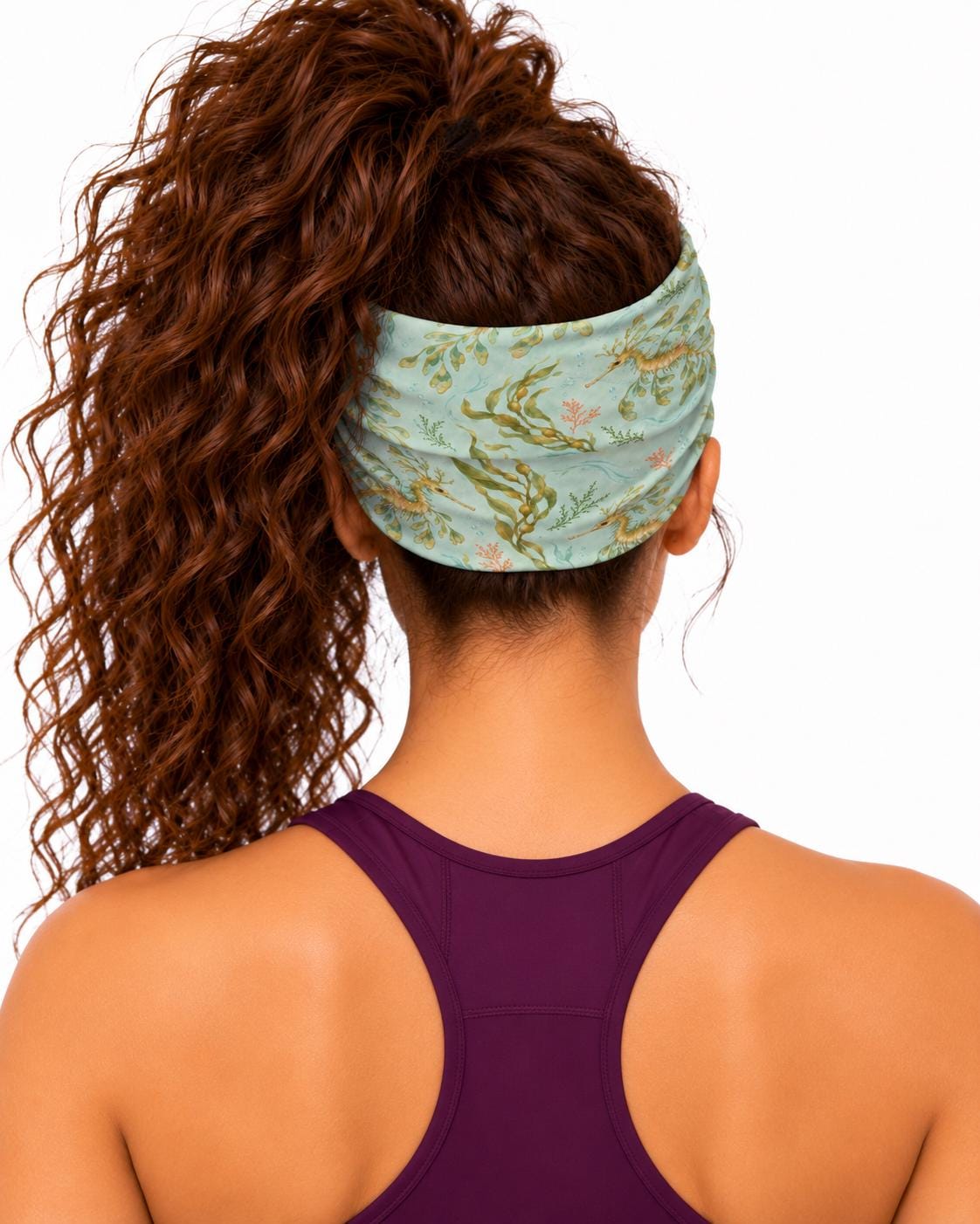 AI generated model wearing the leafy sea dragon neck gaiter as a headband, back view