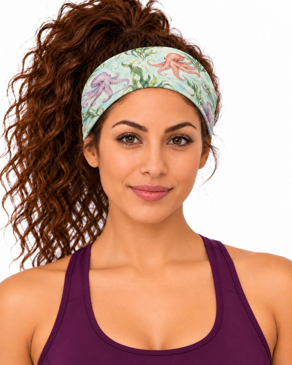 AI generated model wearing the octopus kelp neck gaiter as a headband, front view