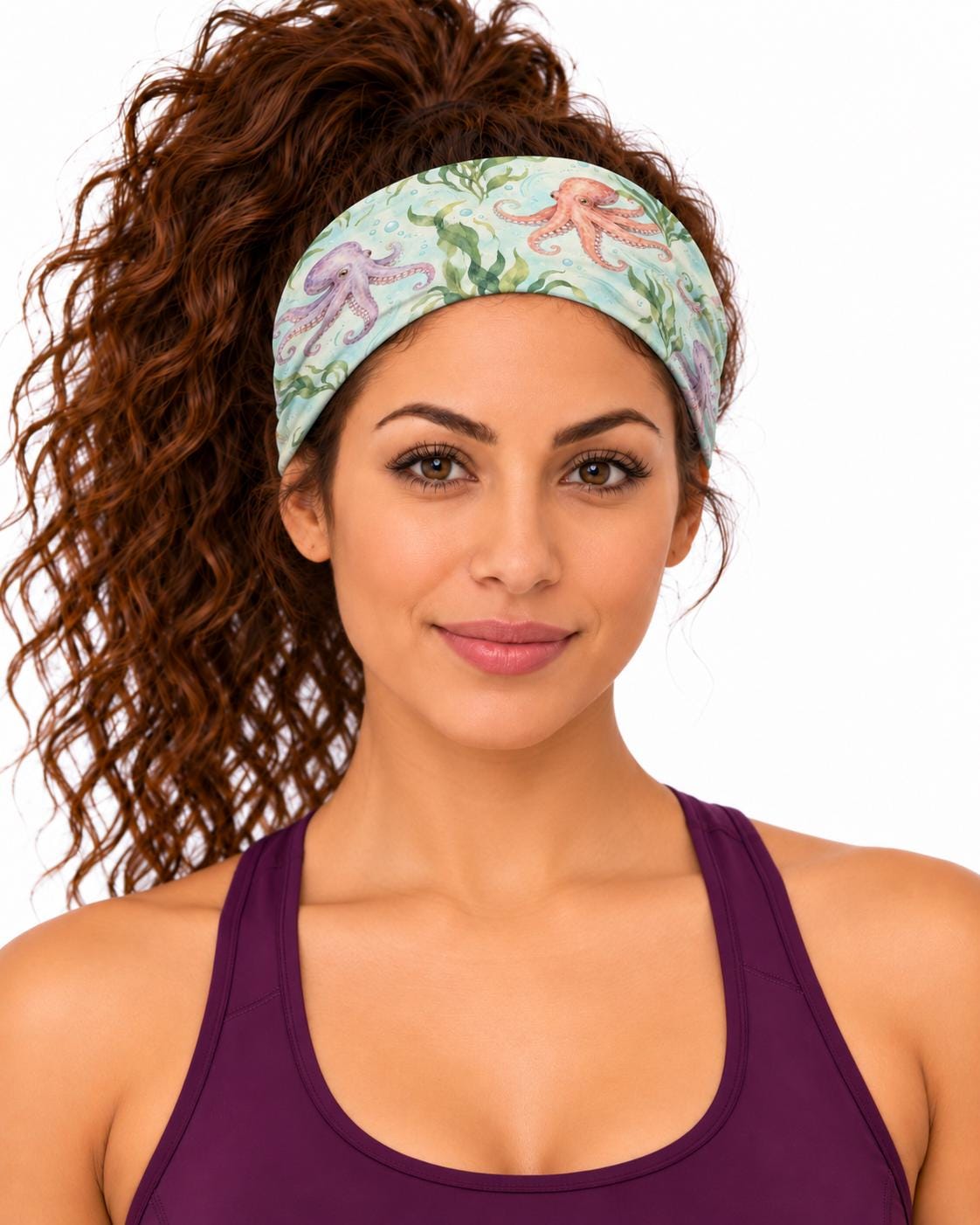 AI generated model wearing the octopus kelp neck gaiter as a headband, front view