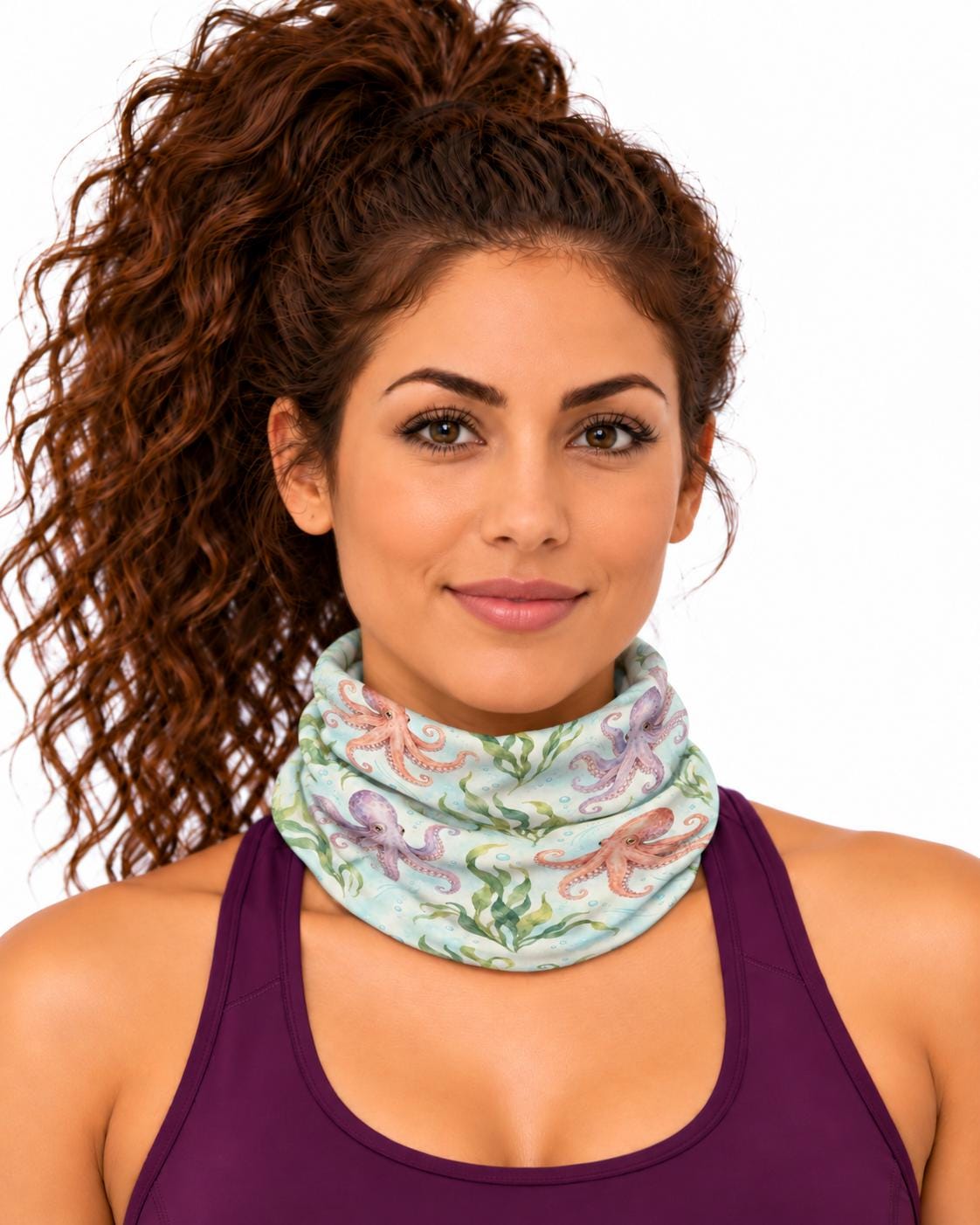 AI generated model wearing the octopus kelp neck gaiter pulled up around the neck