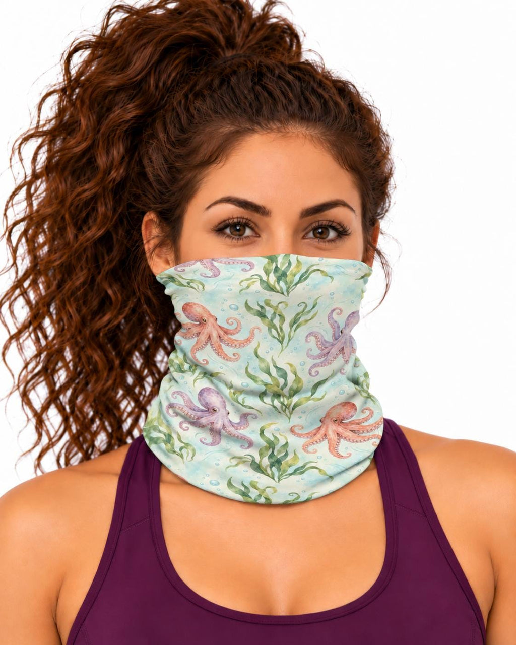 AI generated model wearing the octopus kelp neck gaiter as a bandana, front view