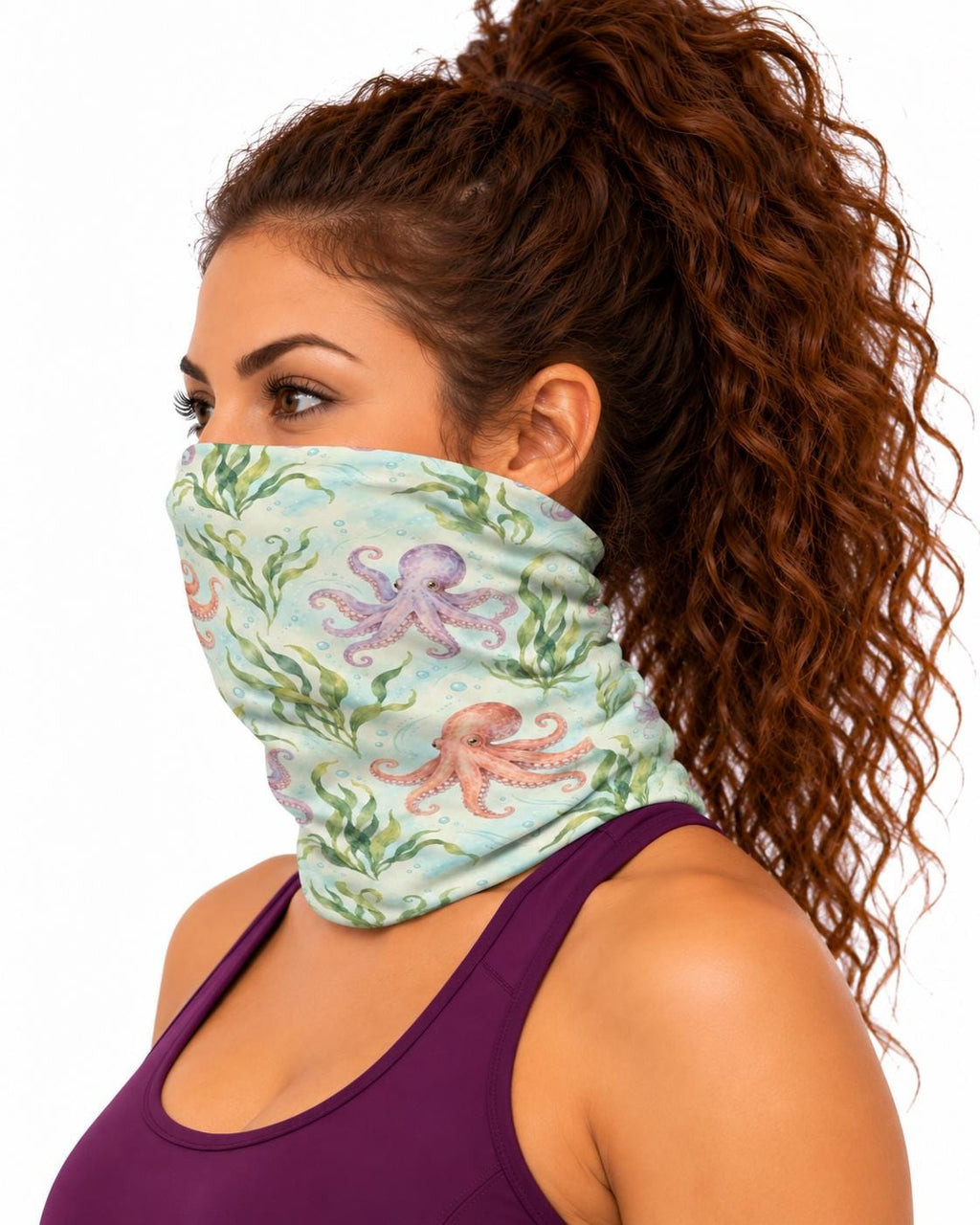 AI generated model wearing the octopus kelp neck gaiter as a bandana, side view