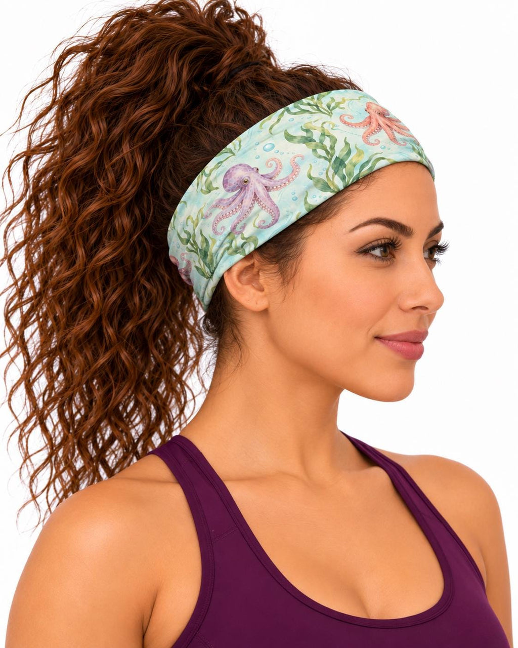 AI generated model wearing the octopus kelp neck gaiter as a headband, side view