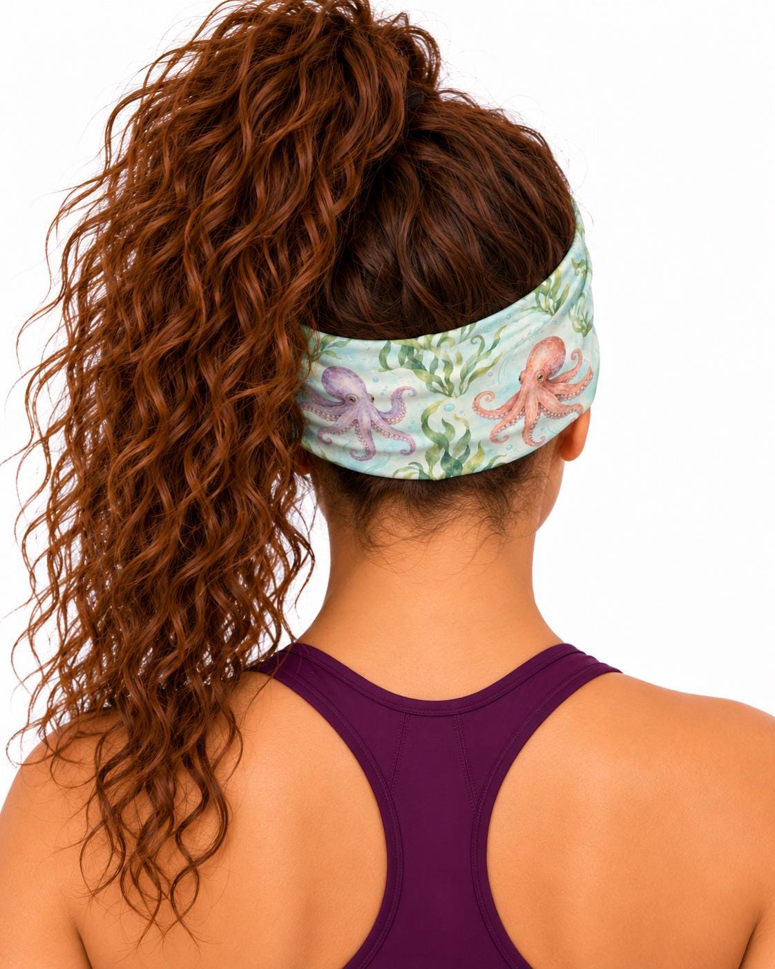 AI generated model wearing the octopus kelp neck gaiter as a headband, back view