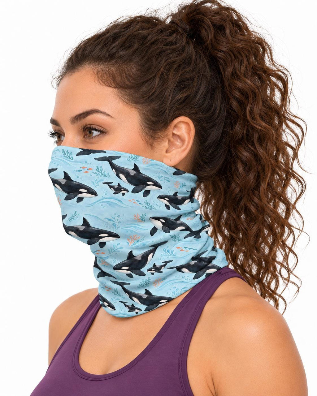 AI generated model wearing the orca neck gaiter as a bandana, side view