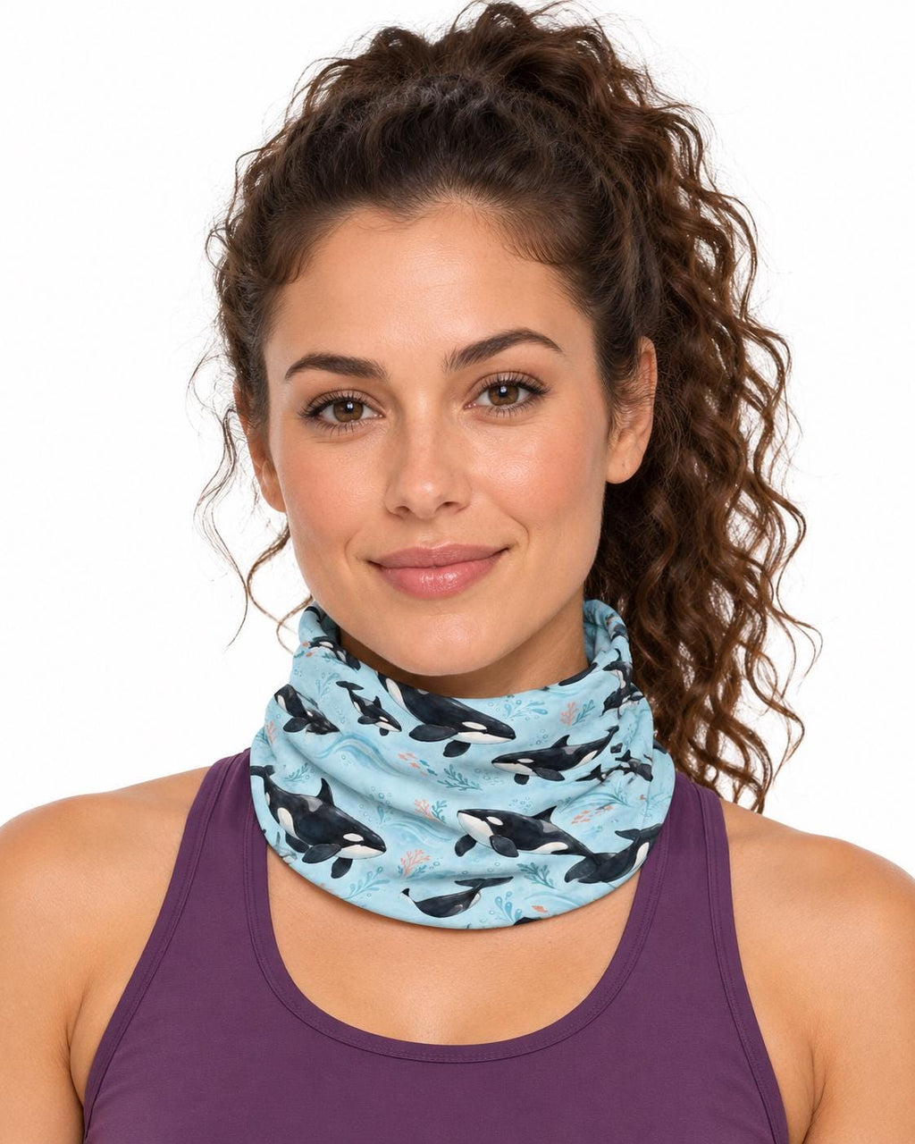 AI generated model wearing the orca neck gaiter pulled up around the neck