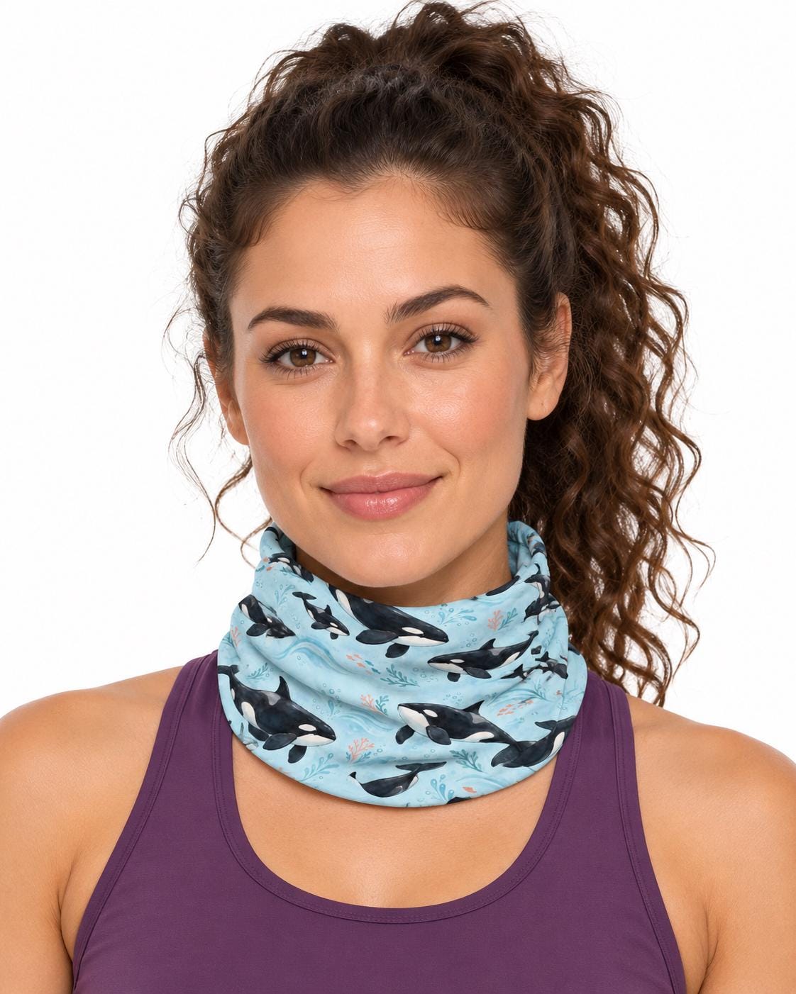 AI generated model wearing the orca neck gaiter pulled up around the neck