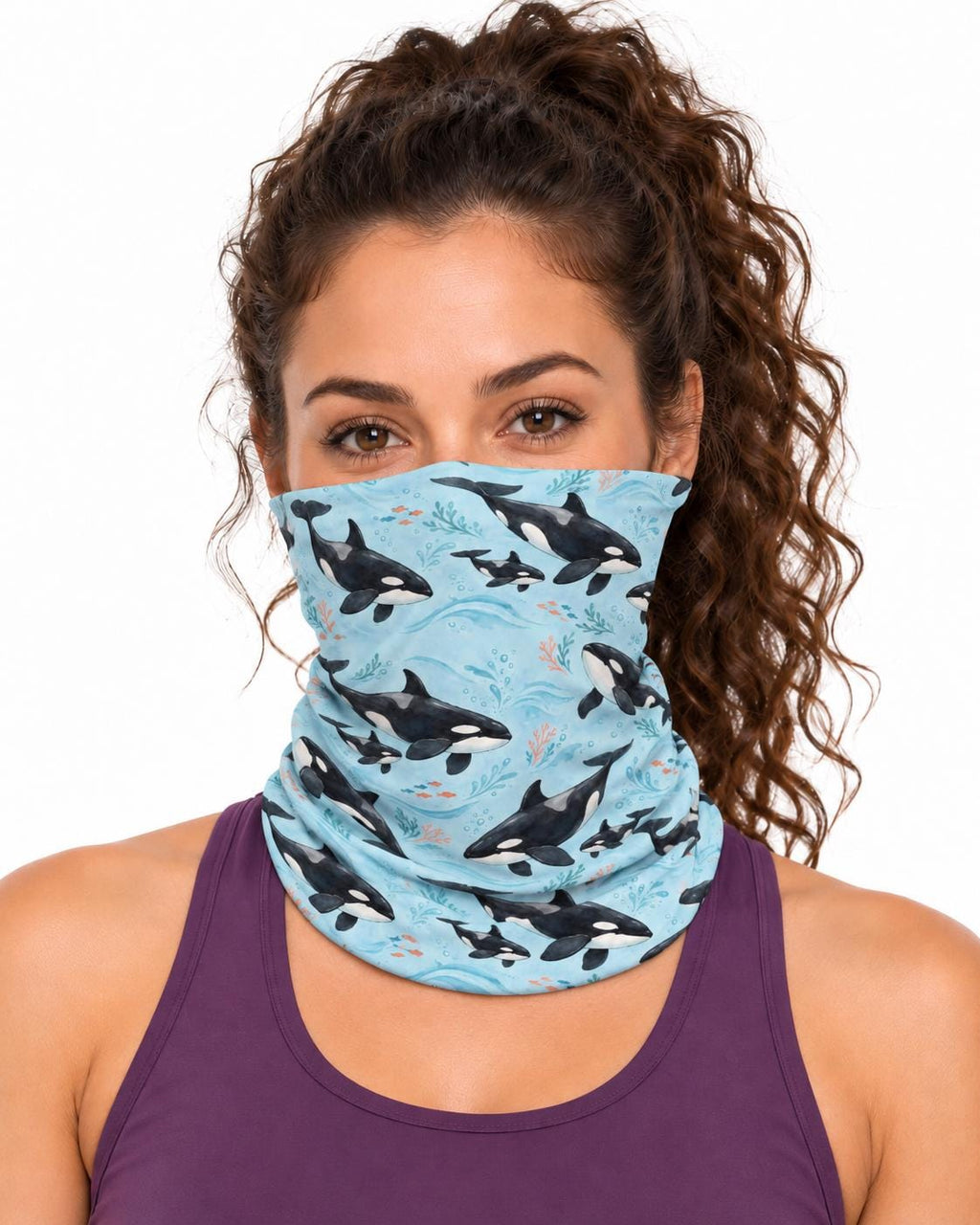 AI generated model wearing the orca neck gaiter as a bandana, front view
