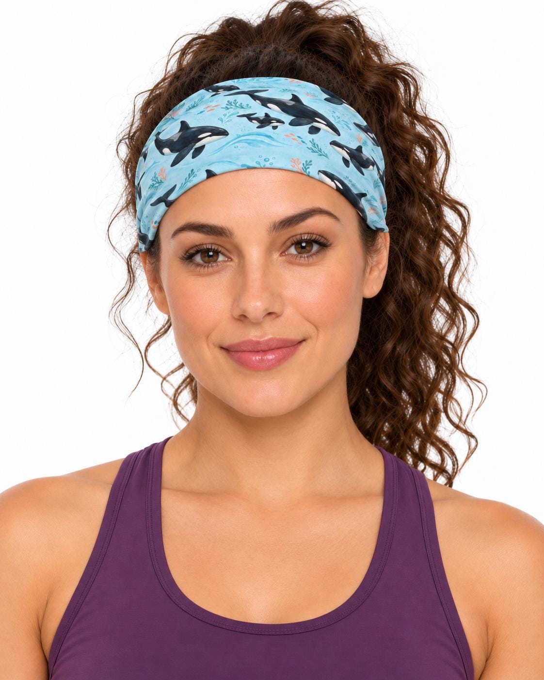 AI generated model wearing the orca neck gaiter as a headband, front view