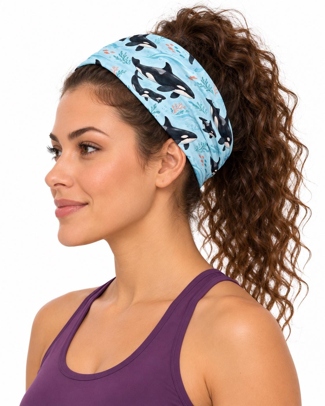 AI generated model wearing the orca neck gaiter as a headband, side view