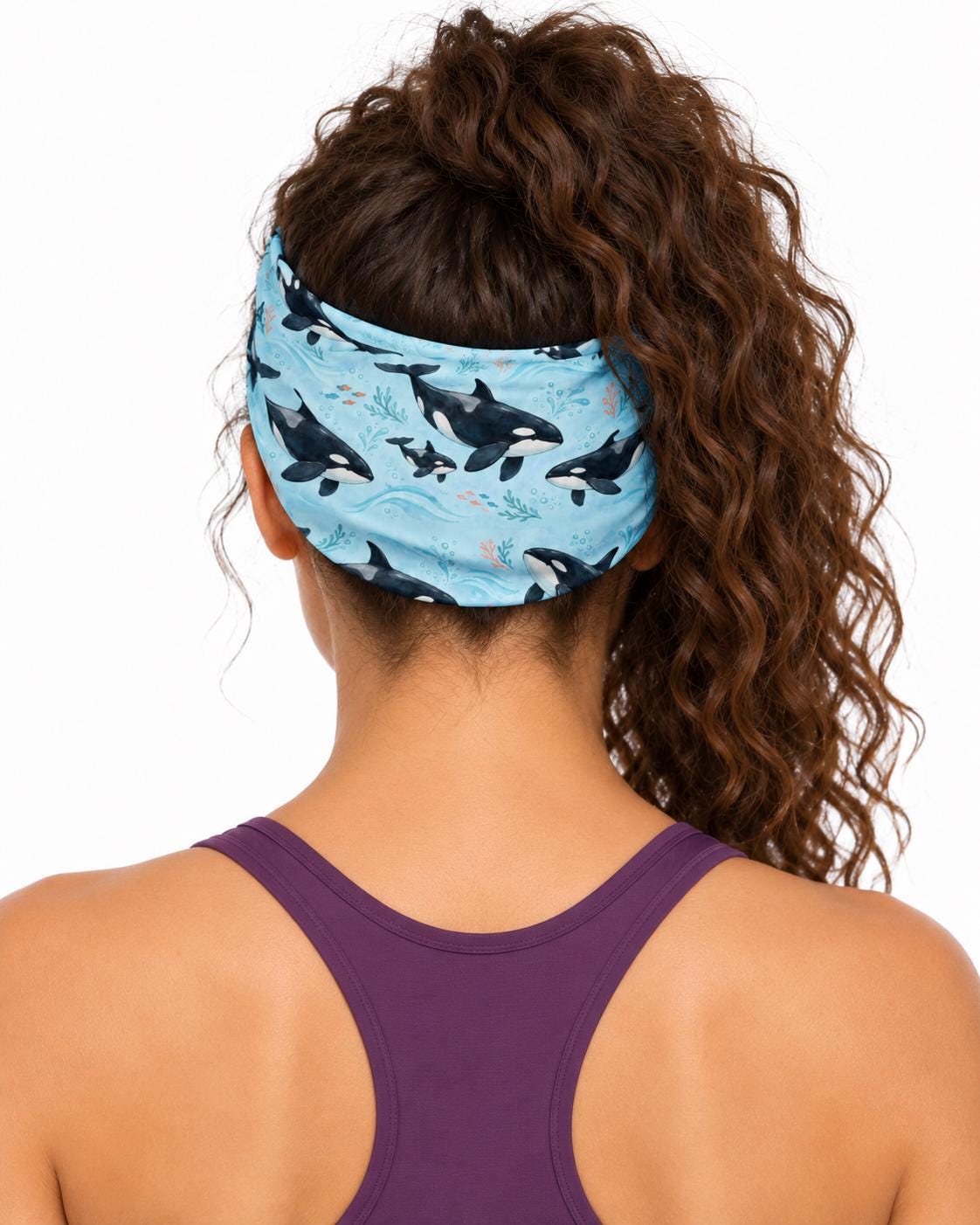 AI generated model wearing the orca neck gaiter as a headband, back view