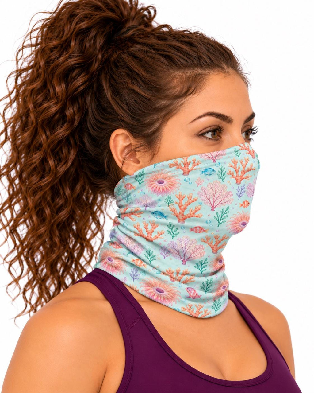 AI generated model wearing the pastel coral reef neck gaiter as a bandana, side view