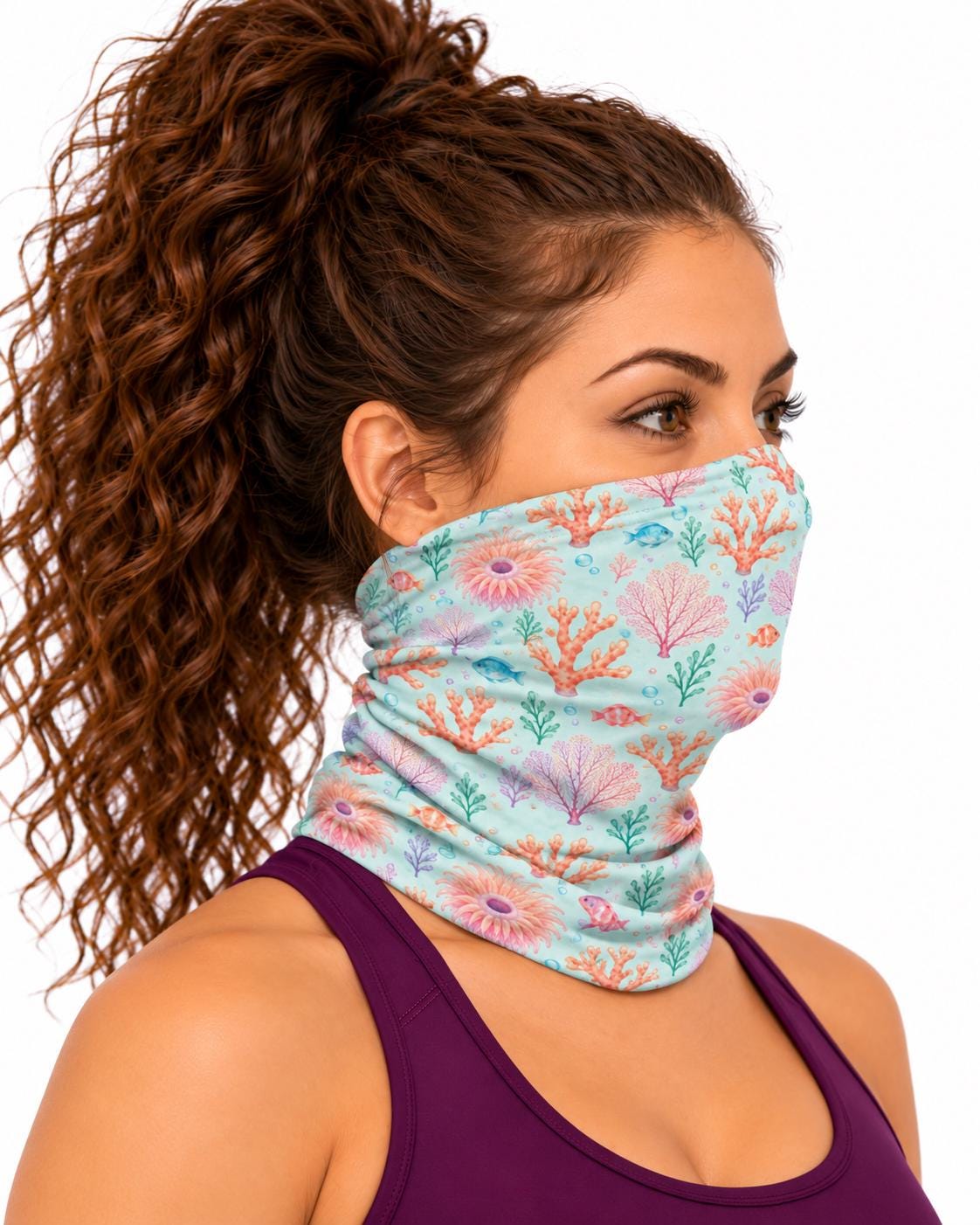 AI generated model wearing the pastel coral reef neck gaiter as a bandana, side view