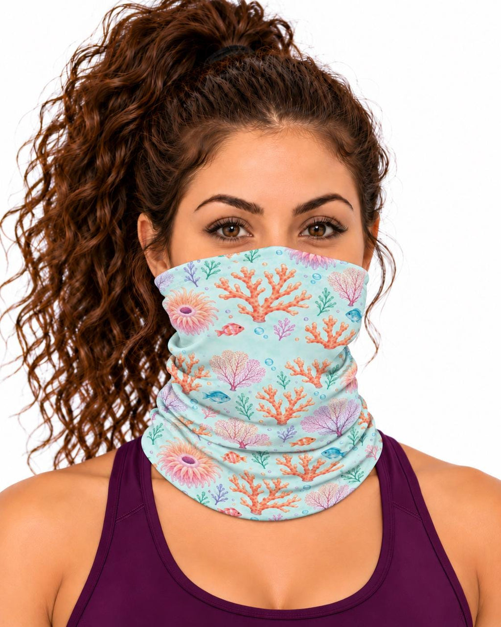AI generated model wearing the pastel coral reef neck gaiter as a bandana, front view