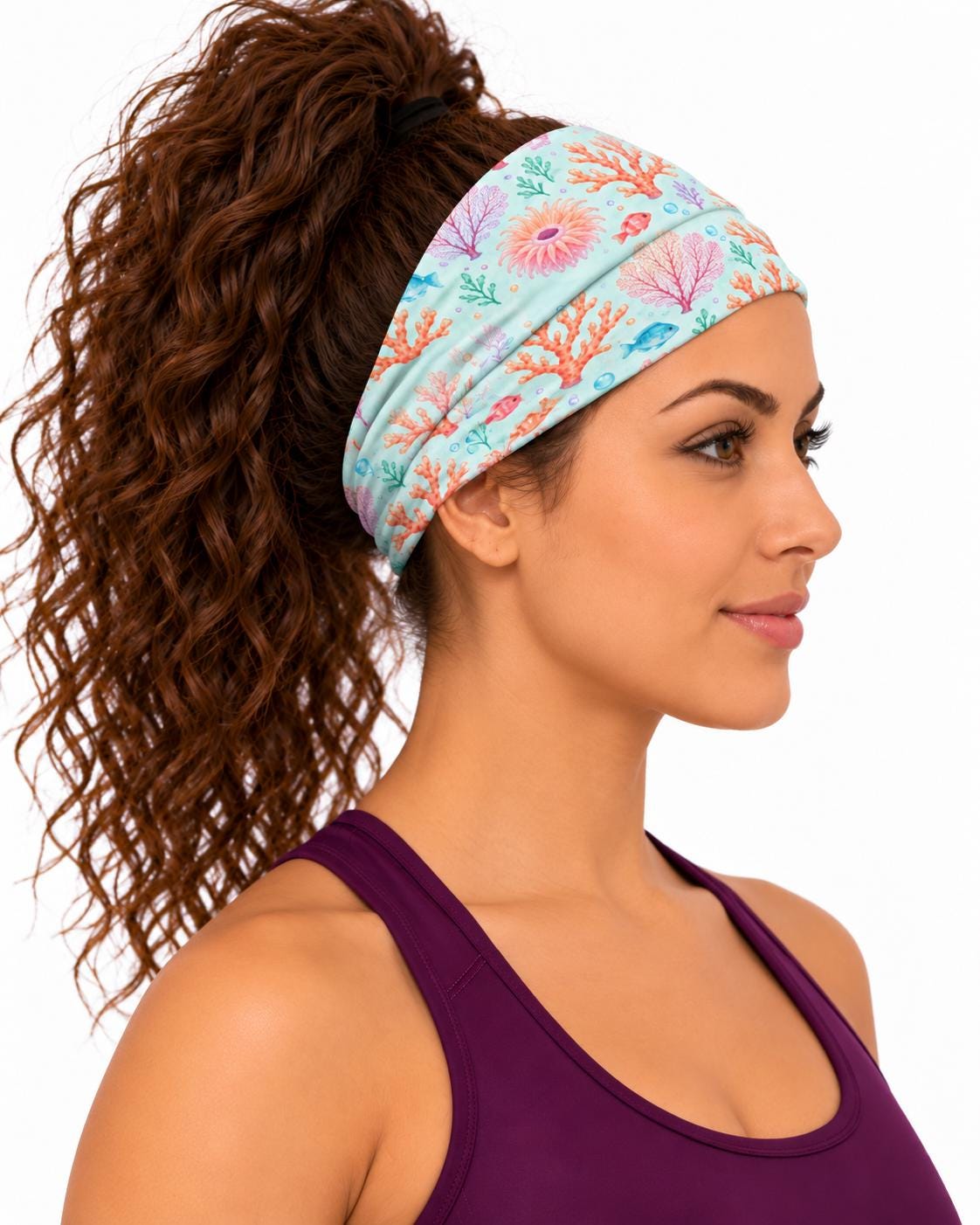 AI generated model wearing the pastel coral reef neck gaiter as a headband, side view
