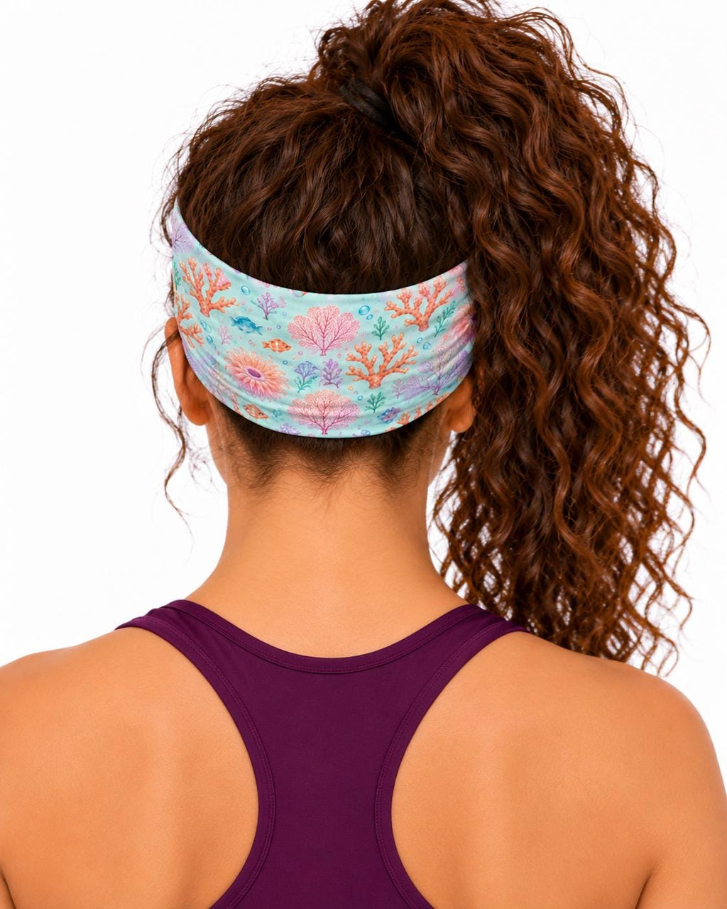 AI generated model wearing the pastel coral reef neck gaiter as a headband, back view