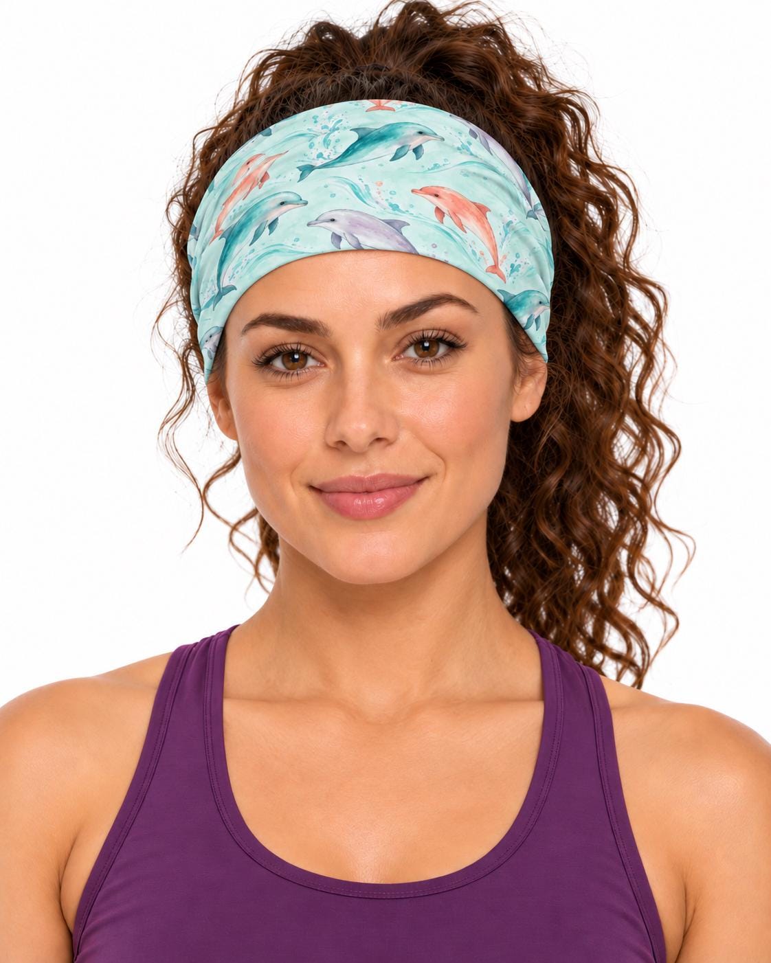 AI generated model wearing the pastel dolphin neck gaiter as a headband, front view