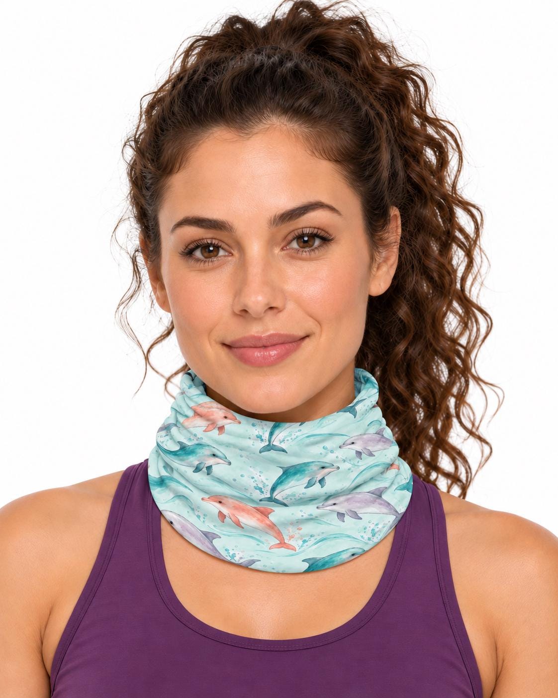 AI generated model wearing the pastel dolphin neck gaiter pulled up around the neck