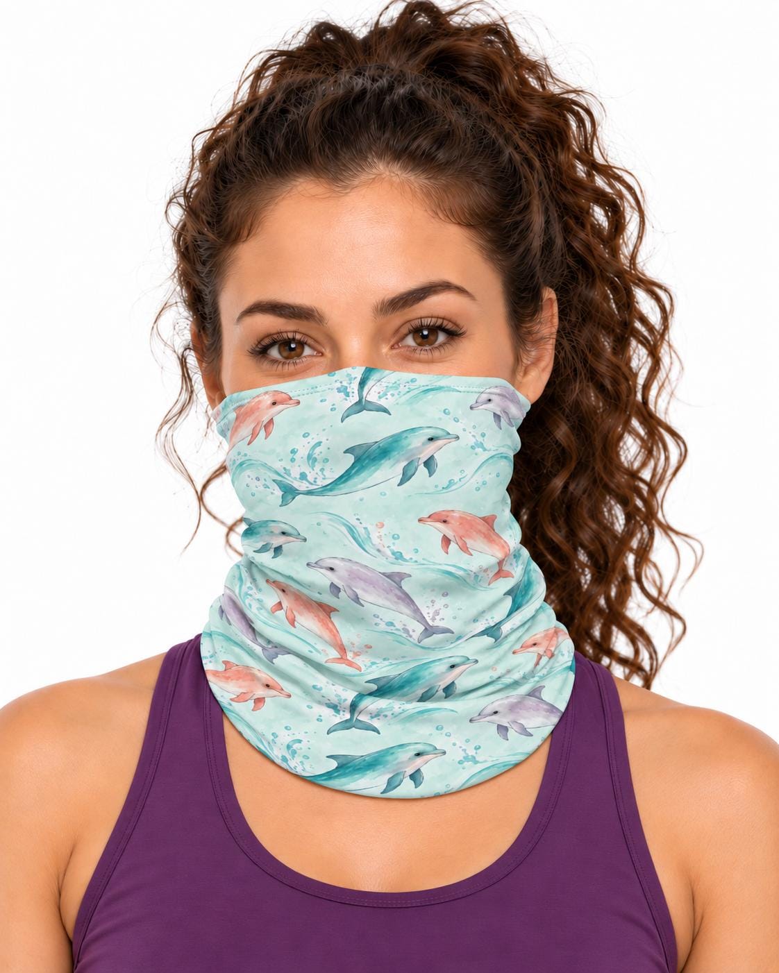 AI generated model wearing the pastel dolphin neck gaiter as a bandana, front view