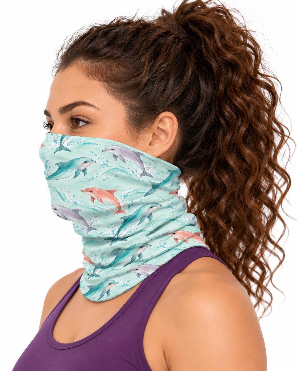AI generated model wearing the pastel dolphin neck gaiter as a bandana, side view