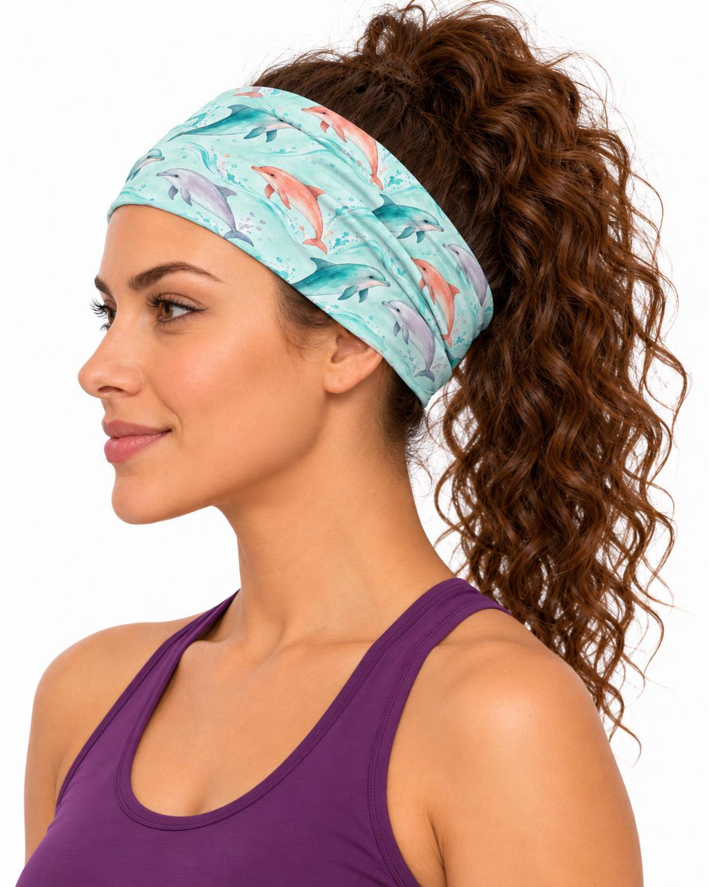 AI generated model wearing the pastel dolphin neck gaiter as a headband, side view