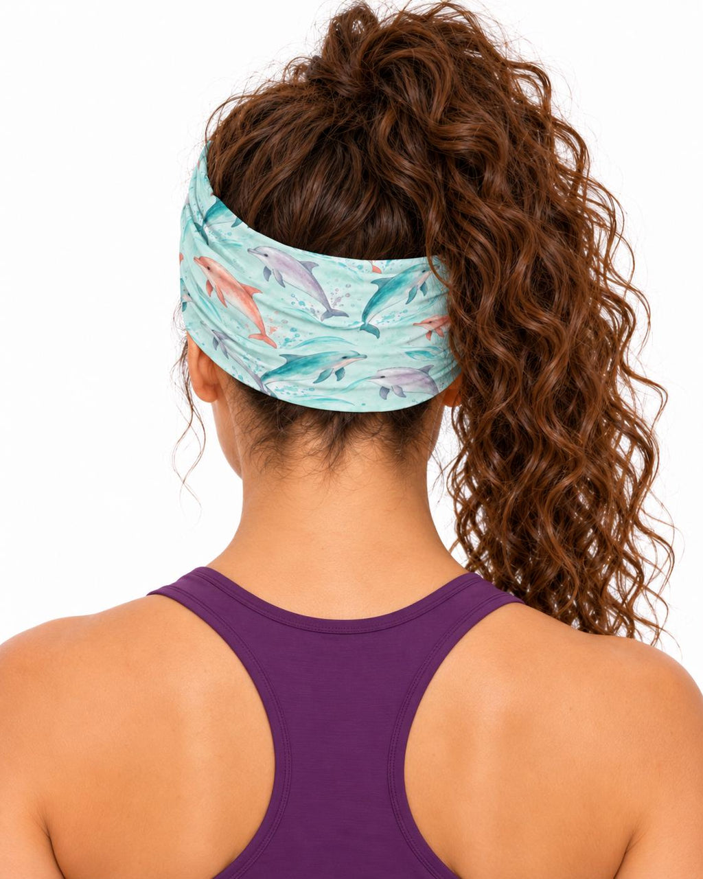 AI generated model wearing the pastel dolphin neck gaiter as a headband, back view