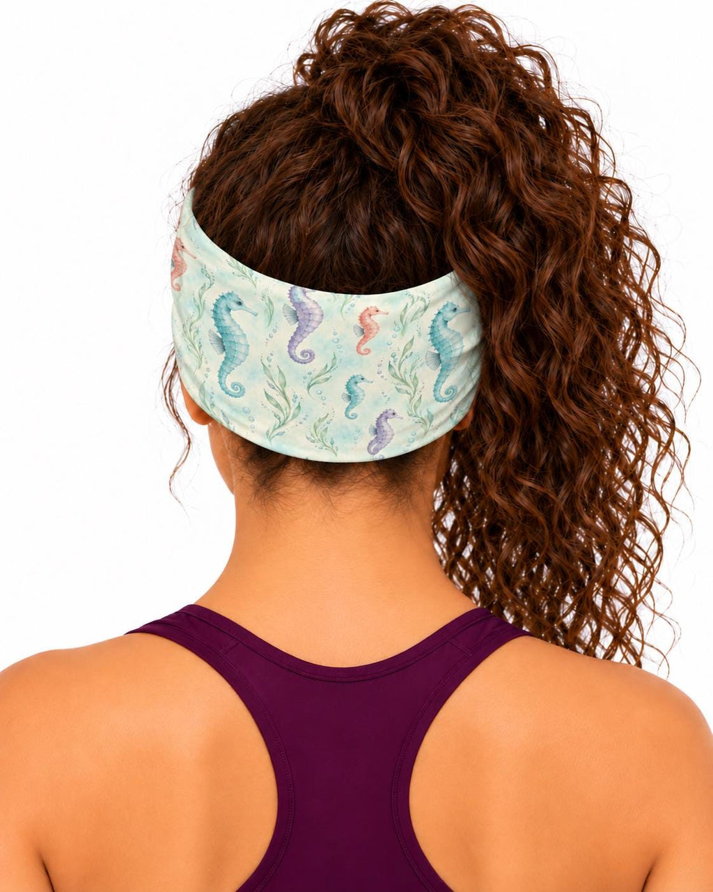 AI generated model wearing the pastel seahorse reef neck gaiter as a headband, back view