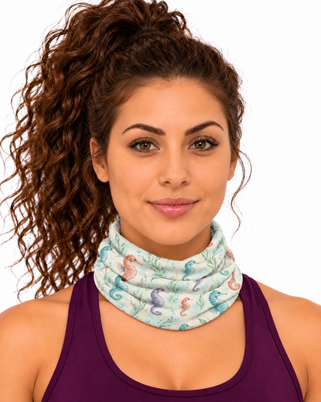 AI generated model wearing the pastel seahorse reef neck gaiter pulled up around the neck