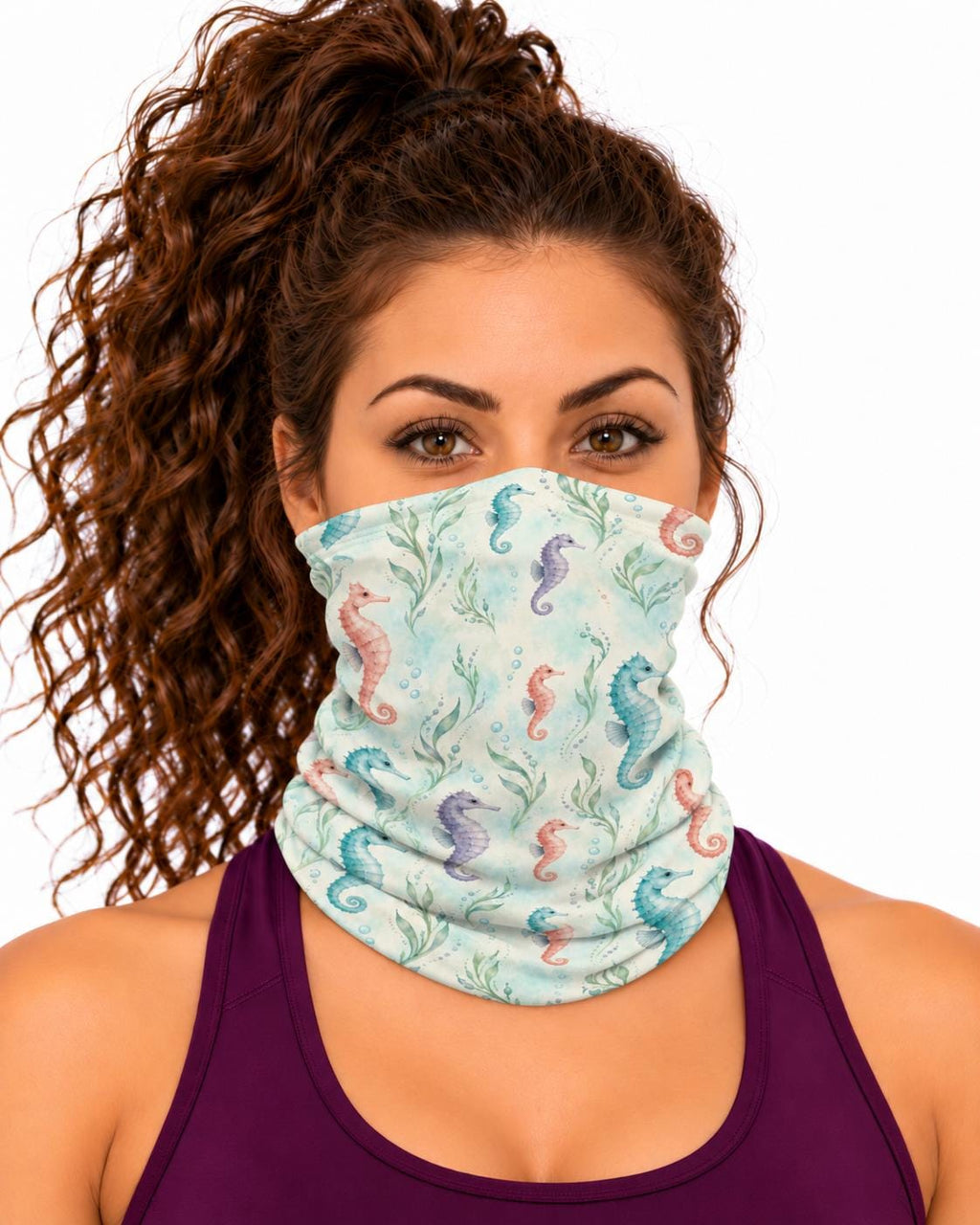 AI generated model wearing the pastel seahorse reef neck gaiter as a bandana, front view