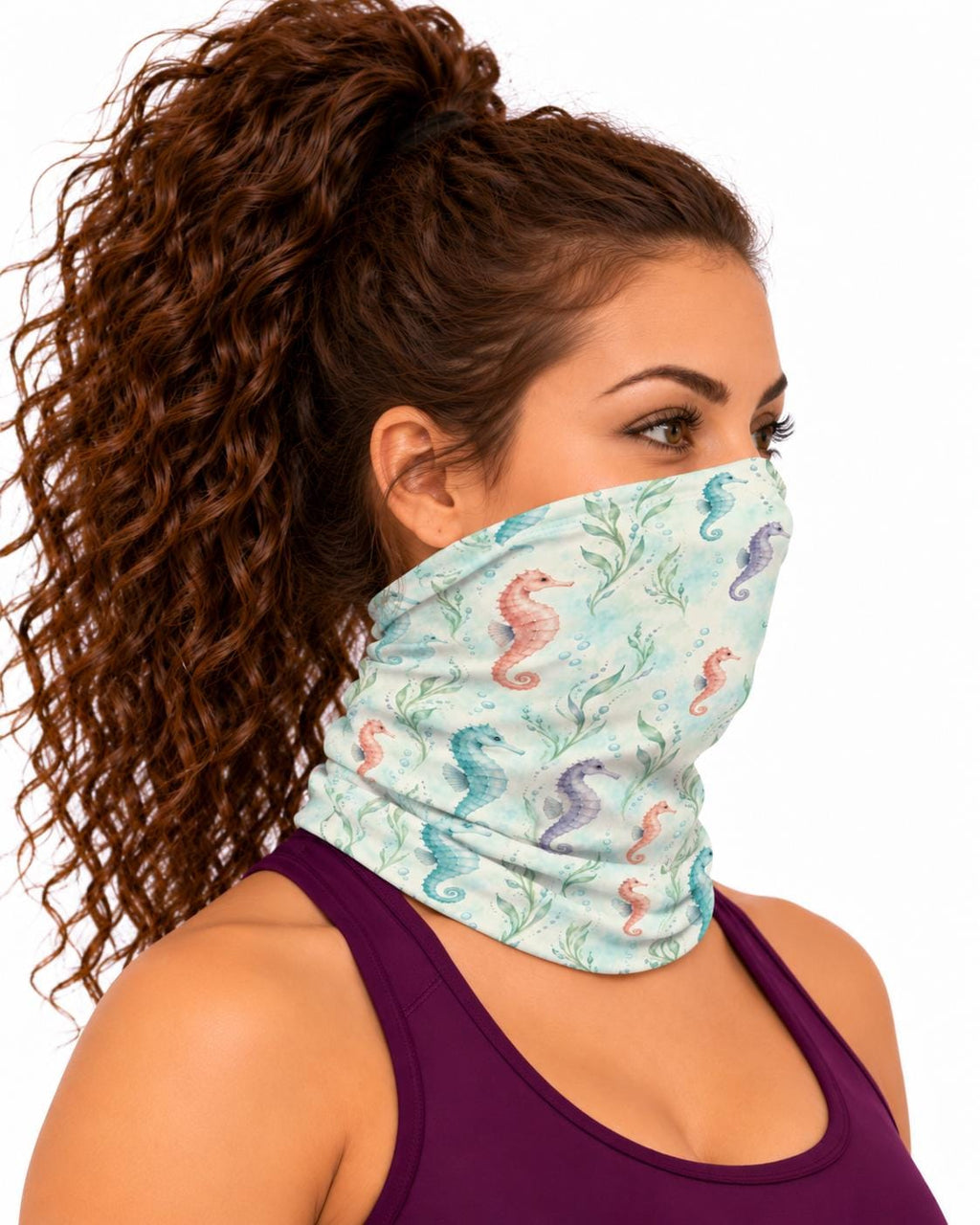 AI generated model wearing the pastel seahorse reef neck gaiter as a bandana, side view