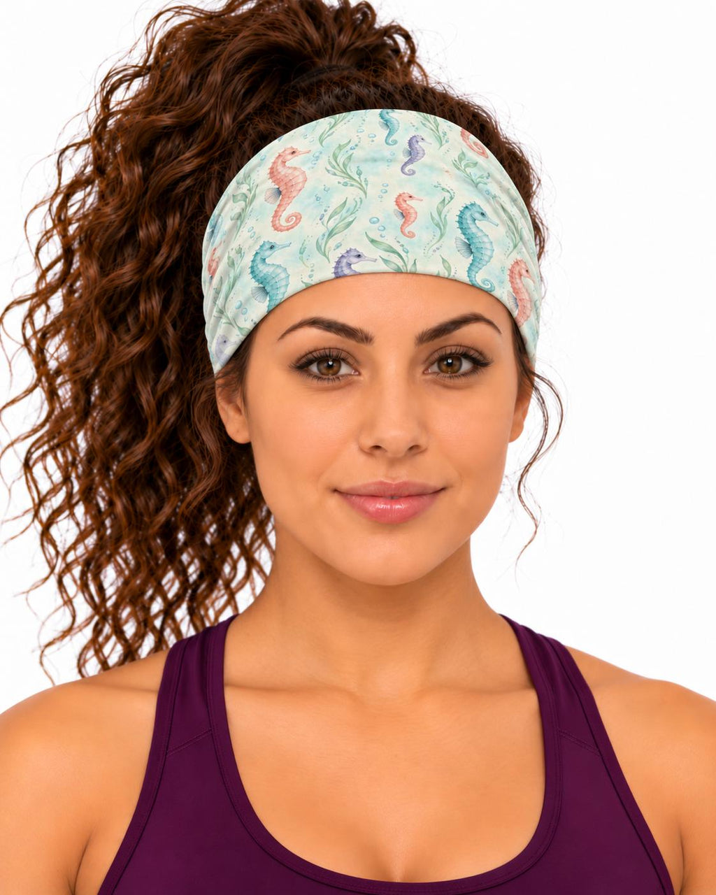AI generated model wearing the pastel seahorse reef neck gaiter as a headband, front view