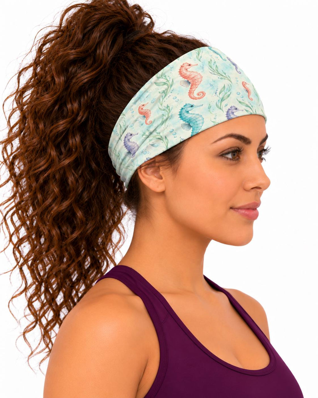 AI generated model wearing the pastel seahorse reef neck gaiter as a headband, side view