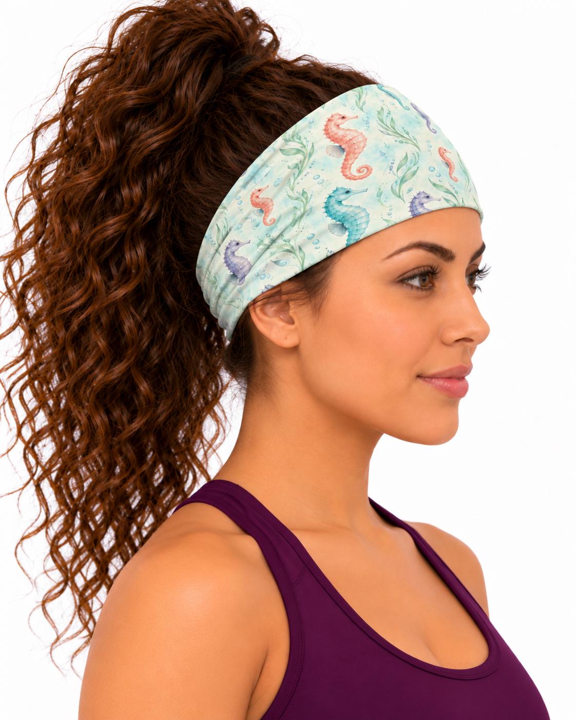 AI generated model wearing the pastel seahorse reef neck gaiter as a headband, side view