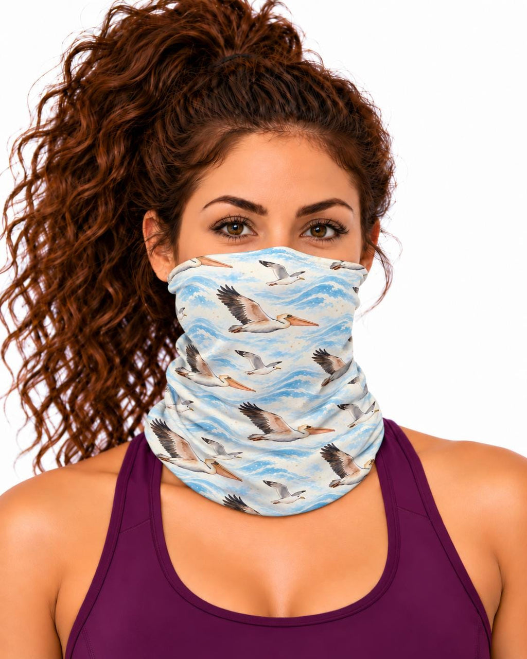 AI generated model wearing the pelicans over waves neck gaiter as a bandana, side view