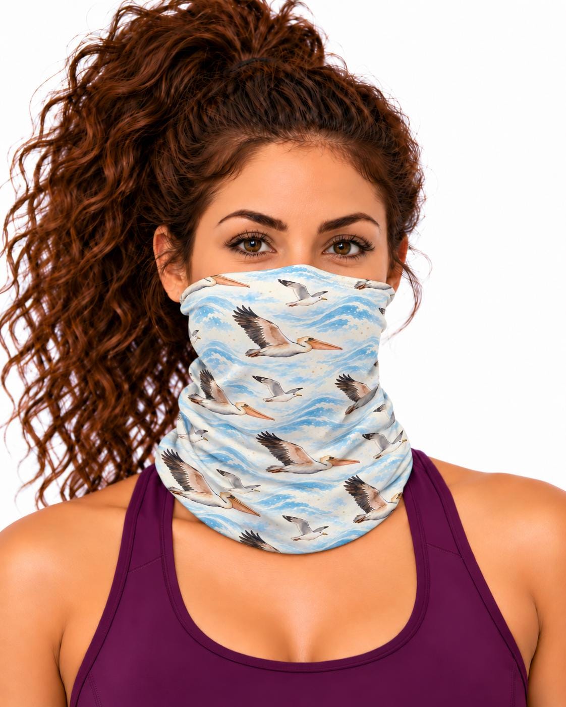 AI generated model wearing the pelicans over waves neck gaiter as a bandana, side view