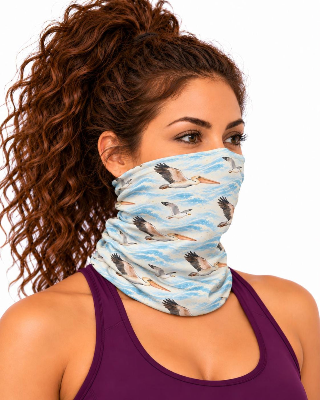 AI generated model wearing the pelicans over waves neck gaiter as a bandana, front view