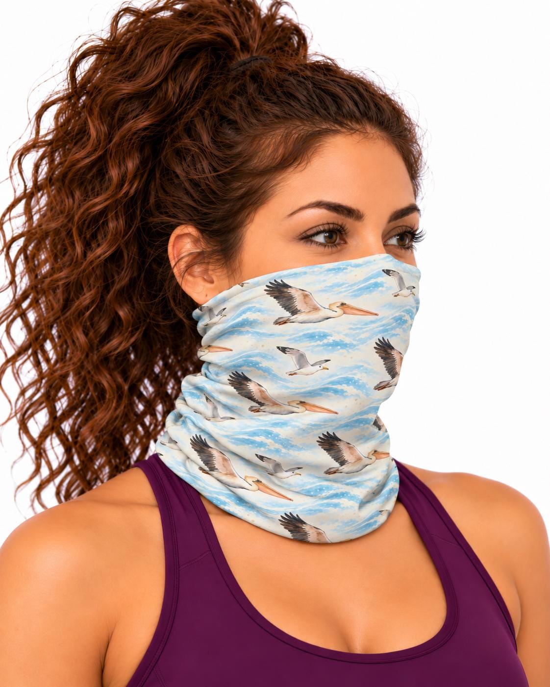 AI generated model wearing the pelicans over waves neck gaiter as a bandana, front view