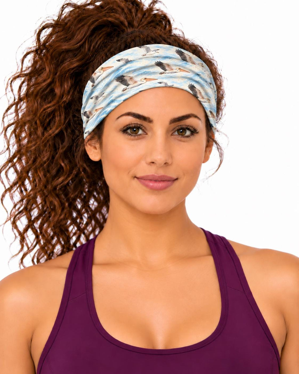 AI generated model wearing the pelicans over waves neck gaiter as a headband, front view