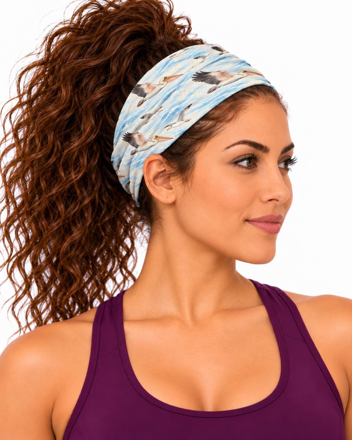 AI generated model wearing the pelicans over waves neck gaiter as a headband, side view